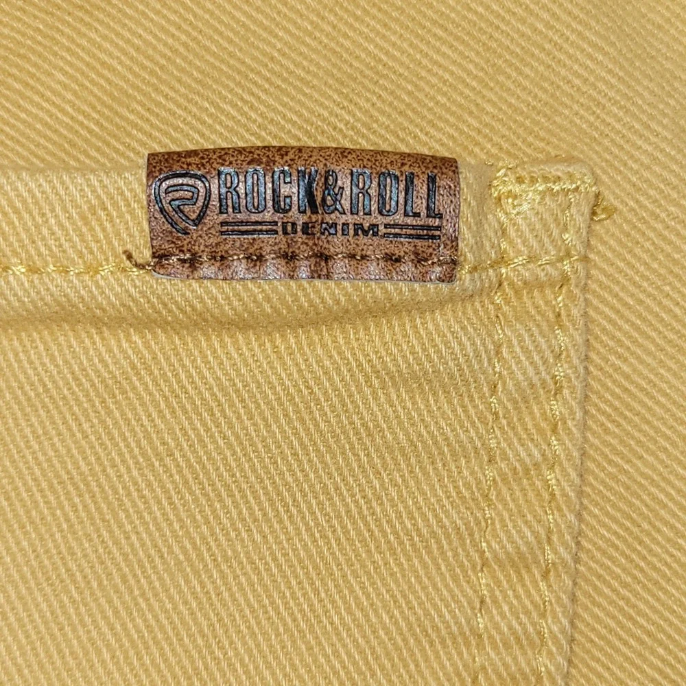 Rock & Roll Denim Mustard Yellow Bargain Button Bell Flare Jeans 29x34 Raw Hem